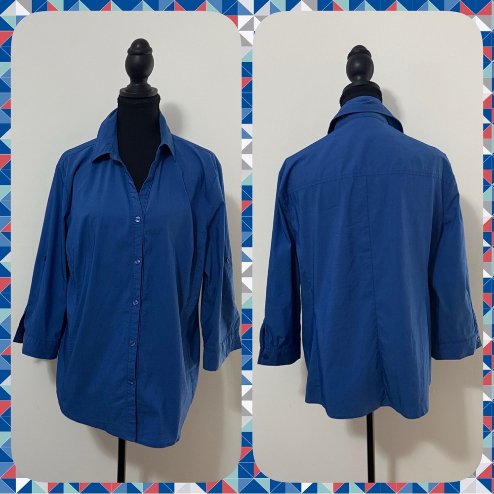 New York & Company Women’s 3/4 Sleeve Blue Button Down Shirt-Sz XL